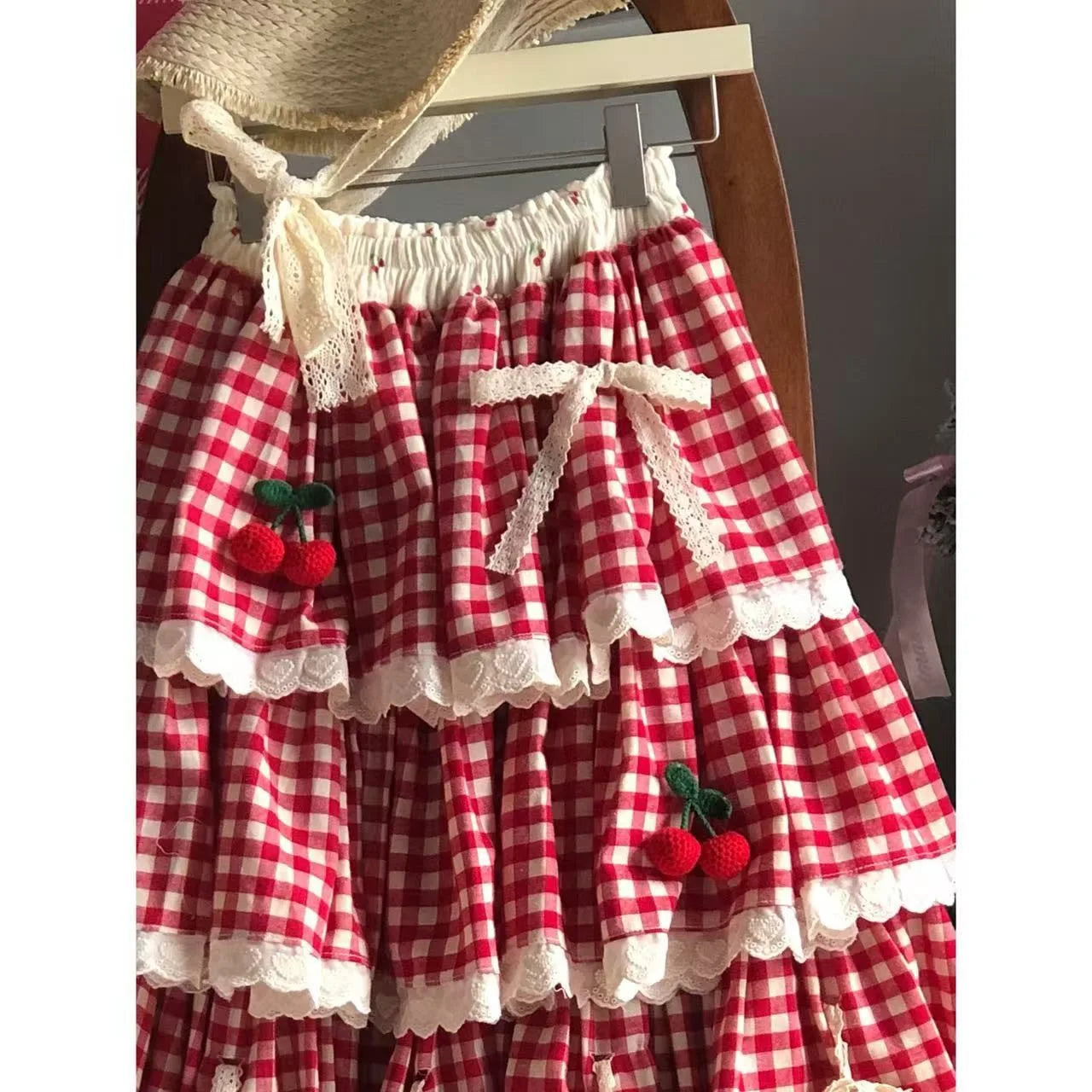 Sweet Multi-Layered Ruffle Cake Skirt Women's Parisian Cottagecore Cherry Design Lace Half Skirt Fresh And Cute Style Midi Skirt