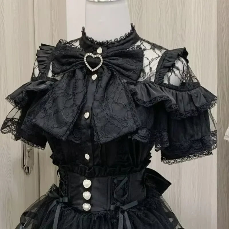 The Marais Midnight Blouse | French Gothic Lantern Sleeve Shirt | Vintage Lace Patchwork Lolita Top | Parisian Princess