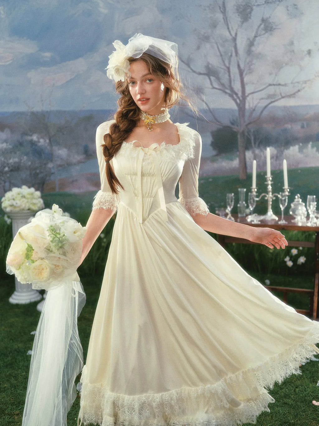 The Swan Regina Gown | French Vintage Court Satin Dress | Elegant Square Neck Wedding Maxi | Parisian Princess