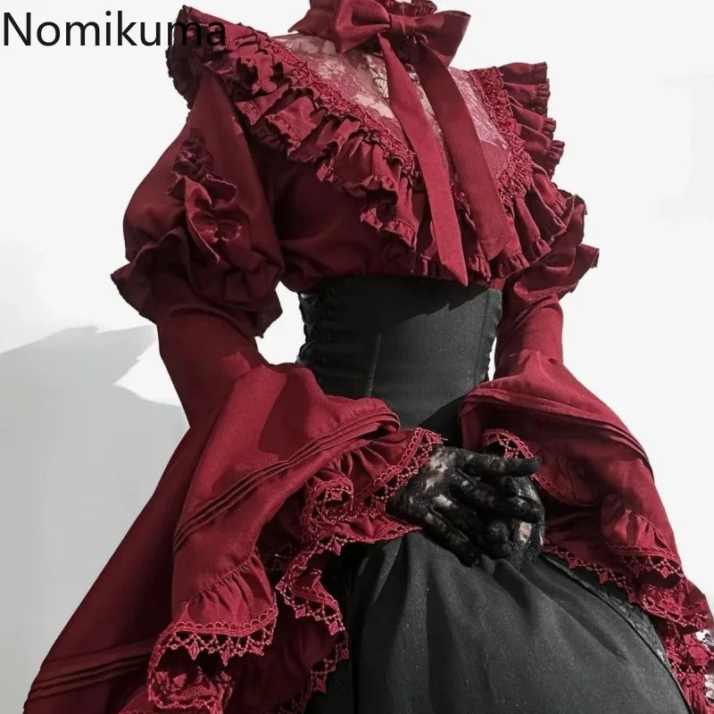 Lolita Style White Blouses Women 2025 Camisas De Mujer Patchwork Lace Flare Sleeve Shirt Y2k Tops Casual Fashion Japanese Blouse