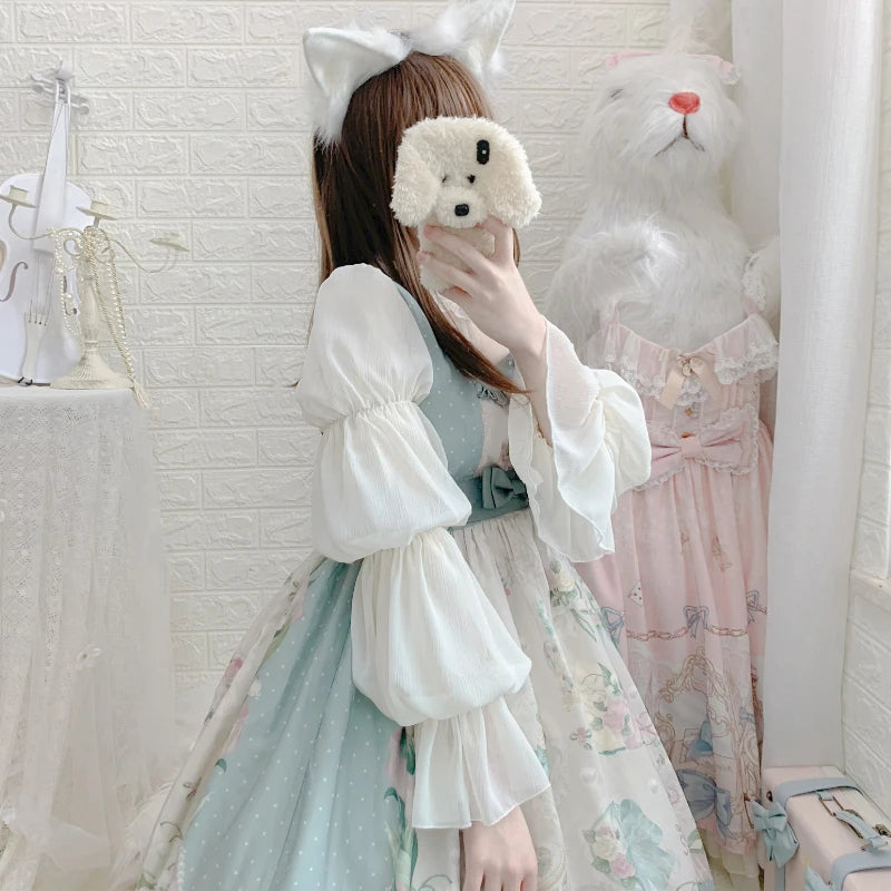 Elegant Vintage Lolita Blouses Women Sweet Cute Hollow Out Mesh Lace Ruffles Princess Shirts Female Gothic Loose Blouse Tops