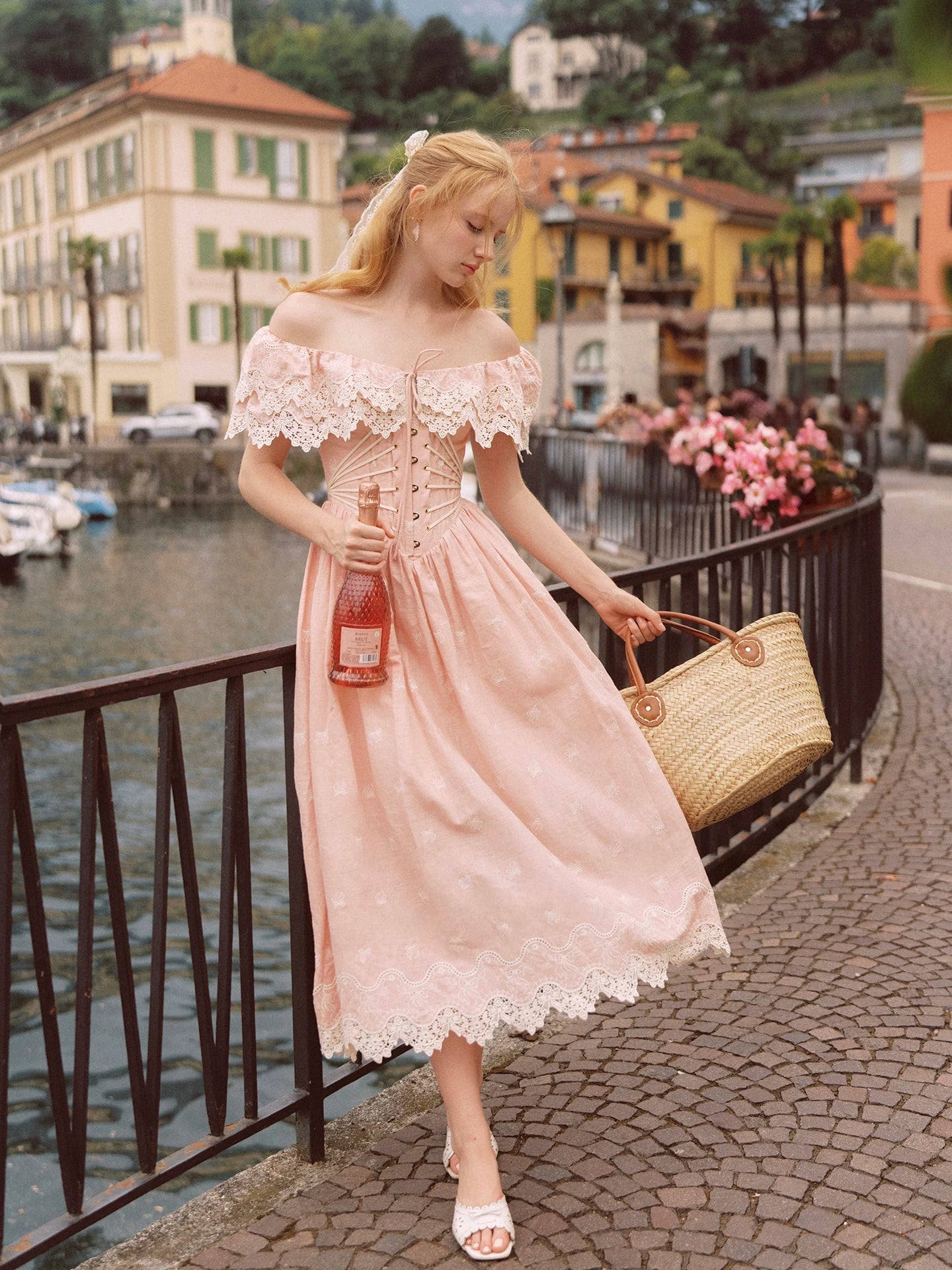 80-102cmSummer Pink Birthday Party Long Dress Women Vintage ElegantSlim Sexy Boat Neck Hollow Out Embroidery Lace Fishbone Dress