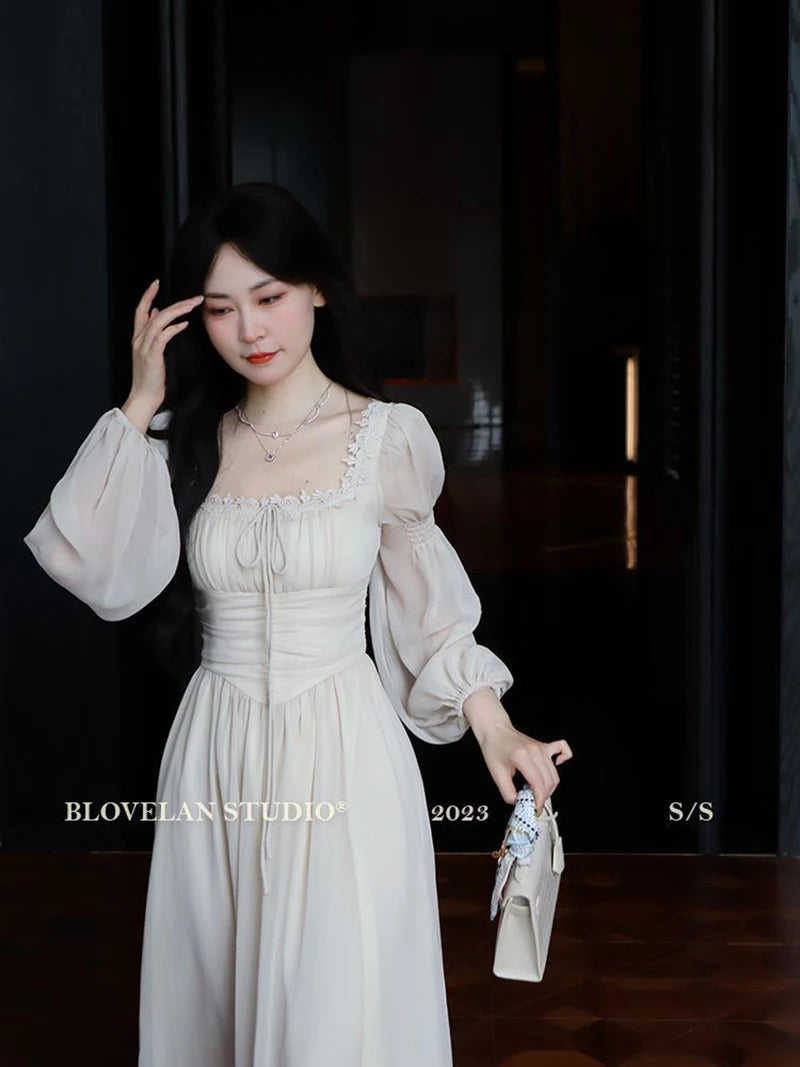 Sweet Sexy Chiffon Dress Women Fashion Slim Elegant French Dress Breathable Long Sleeve Beach Hoiliday Party Vestidos