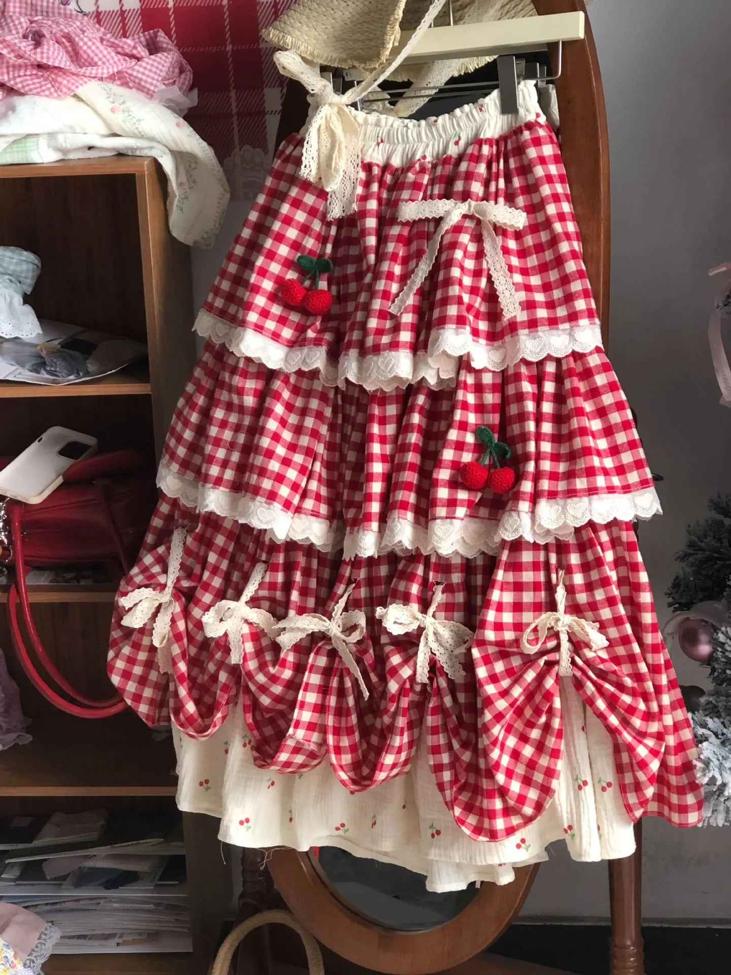 Sweet Multi-Layered Ruffle Cake Skirt Women's Parisian Cottagecore Cherry Design Lace Half Skirt Fresh And Cute Style Midi Skirt