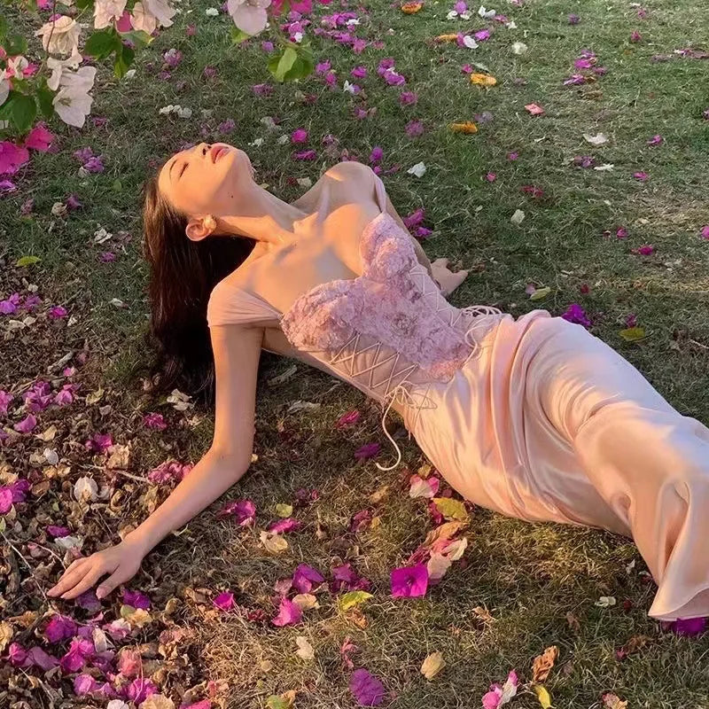 Flower Lace Tank Top Fish Bone Crop Design Inner Strap French Tube Tops Y2k Cute Pink Corset Summer Wear