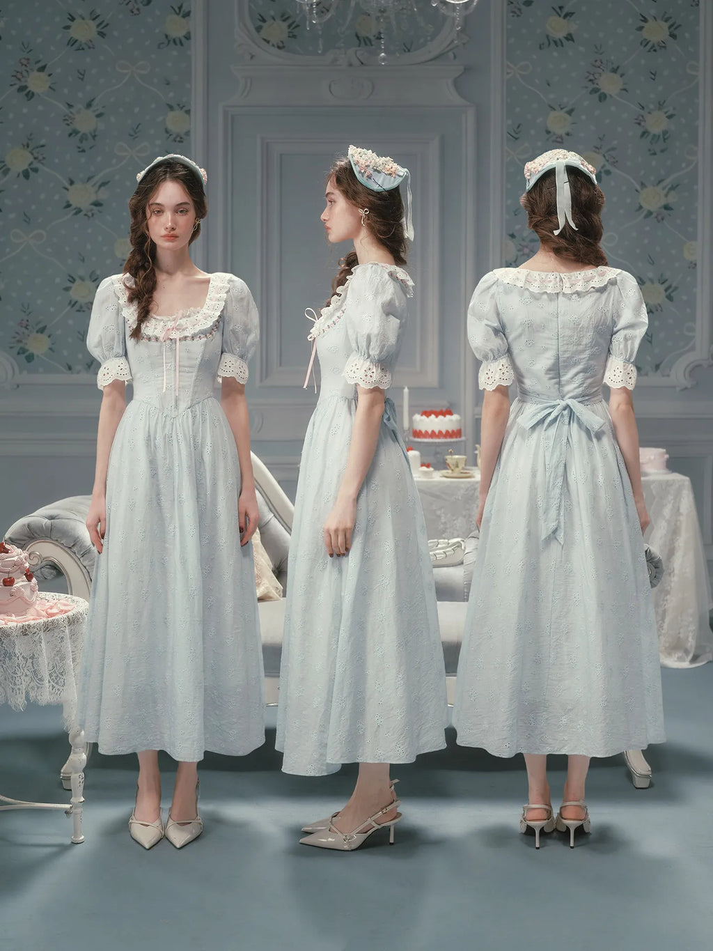 The La Croix Blue Lace Gown | Cotton Brocade Puff Sleeve Dress | Vintage Square Collar Midi | Parisian Princess