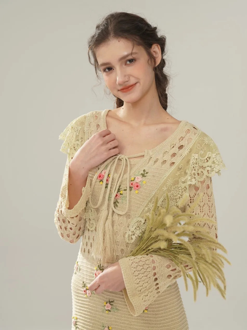 The Versailles Rose Knitted Fishtail | Hand-Embroidered Silk Blend Dress | French V-Neck Gown | Parisian Princess