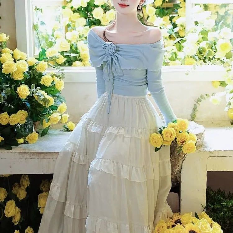 Blue 3D Flower Square Collar Long Sleeve Slim Fit Tops Women + Parisian High Waist Ruched Cake Skirts 2026 Autumn New Two Piece Sets