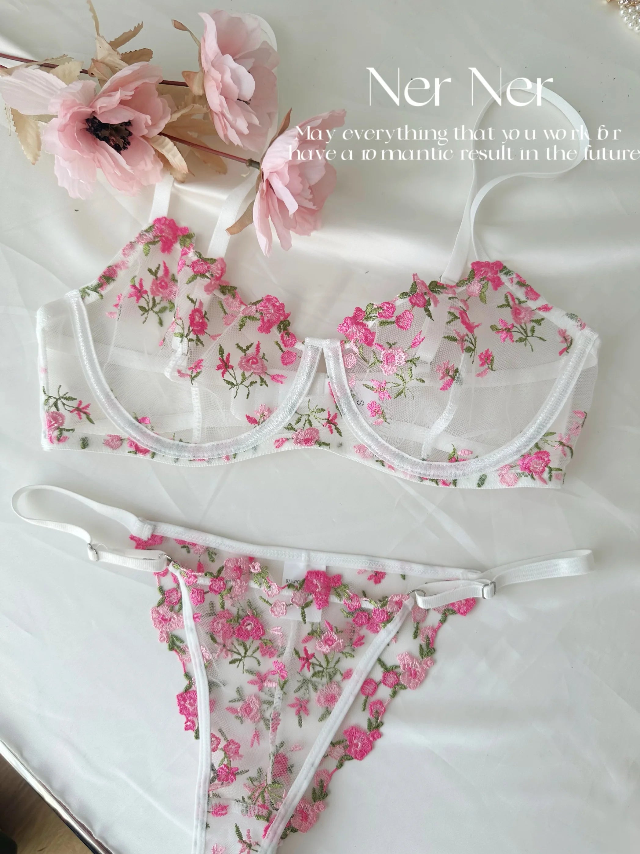 Parisian French Lingerie Set Sheer Tulle, Pink Floral Embroidery Bra Bralette, Sexy Pure Matching Set BANERDANNI Sexy Tushy Bras