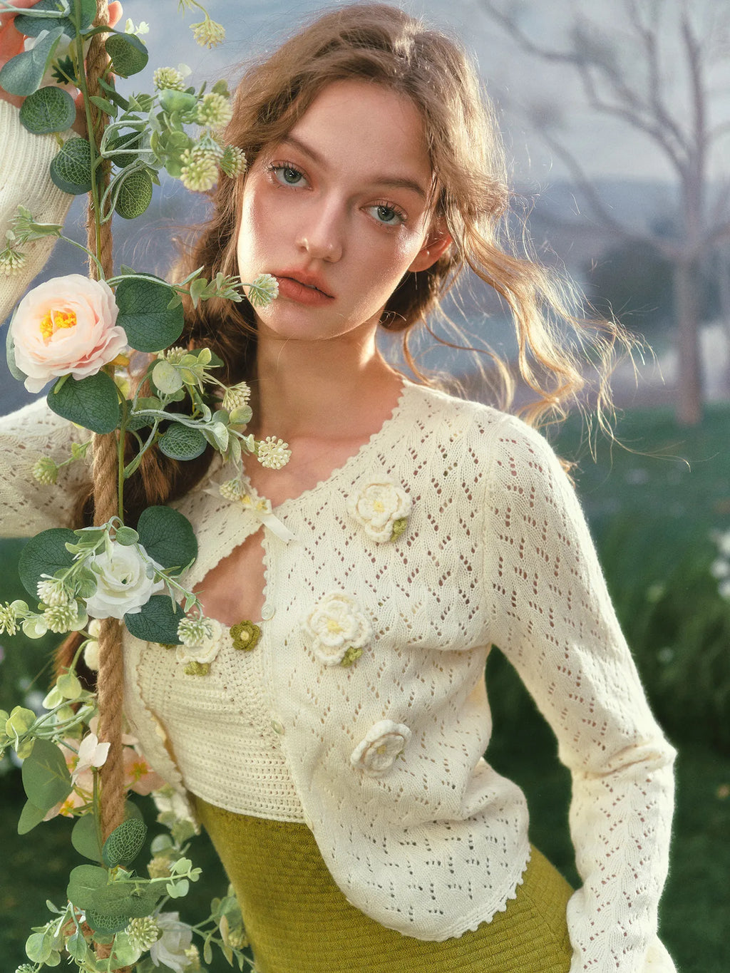 The Garden Princess Crochet Set | Wool Knitted Cardigan & Midi Dress | Handmade Floral Hollow-Out Two-Piece | Parisian Princess