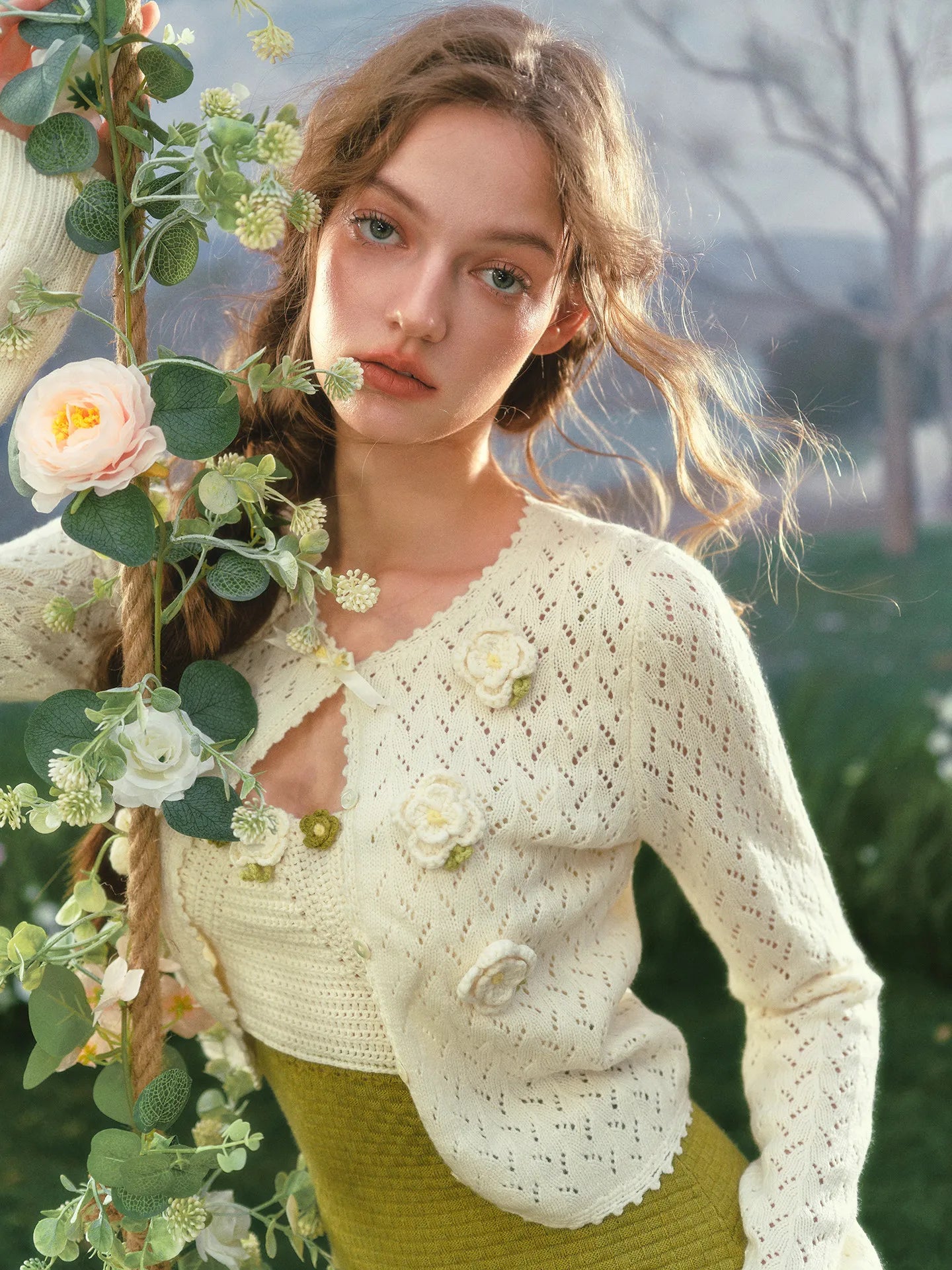 The Garden Princess Crochet Set | Wool Knitted Cardigan & Midi Dress | Handmade Floral Hollow-Out Two-Piece | Parisian Princess