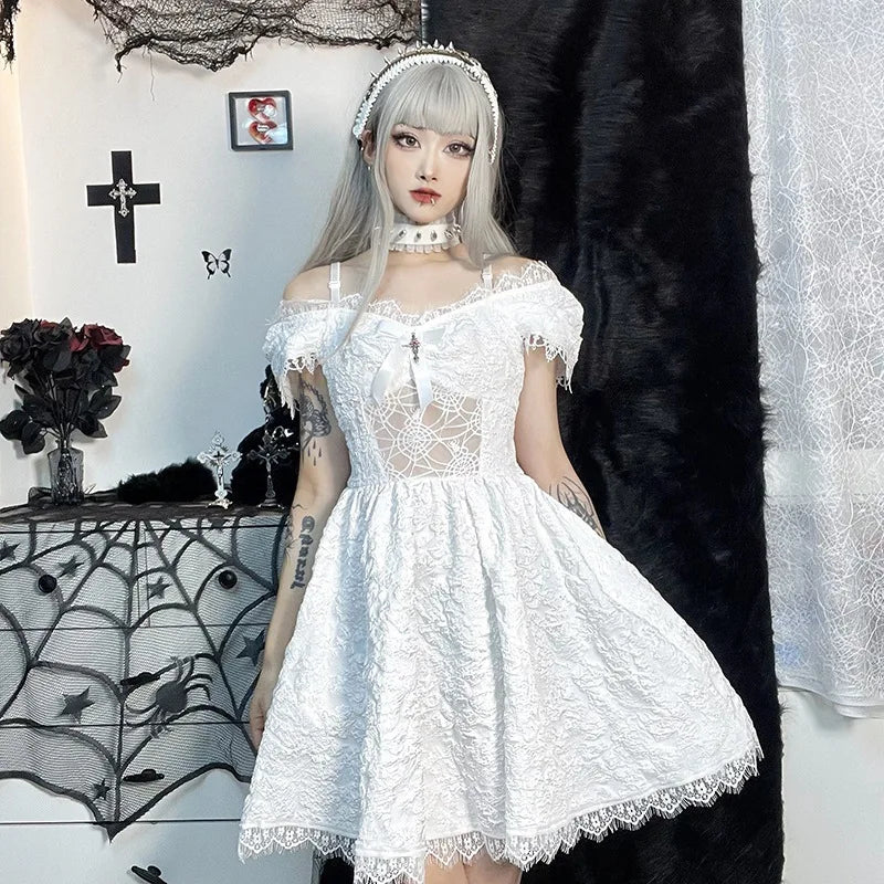 Gothica Lace Short Dress Women Cobweb Patchwork Short Sleeve Cold Shoulder Halloween Outfit Horror Ruffle Trim Costume