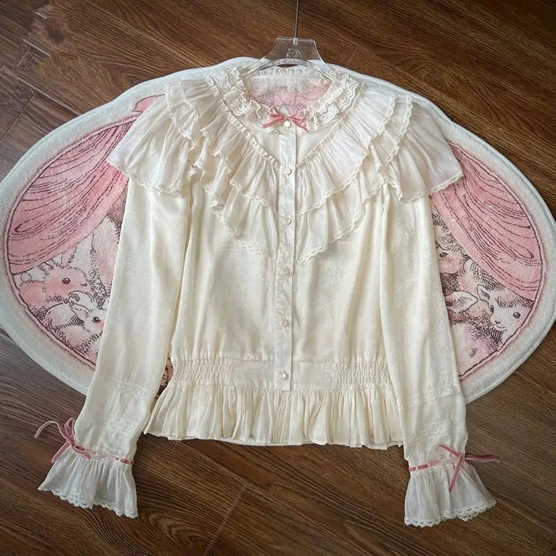 Long Sleeve Lolita Shirt French Gothic Parisian Tops Elegant Lace Ruffles Princess Women Japanese Blouses Sweet Retro