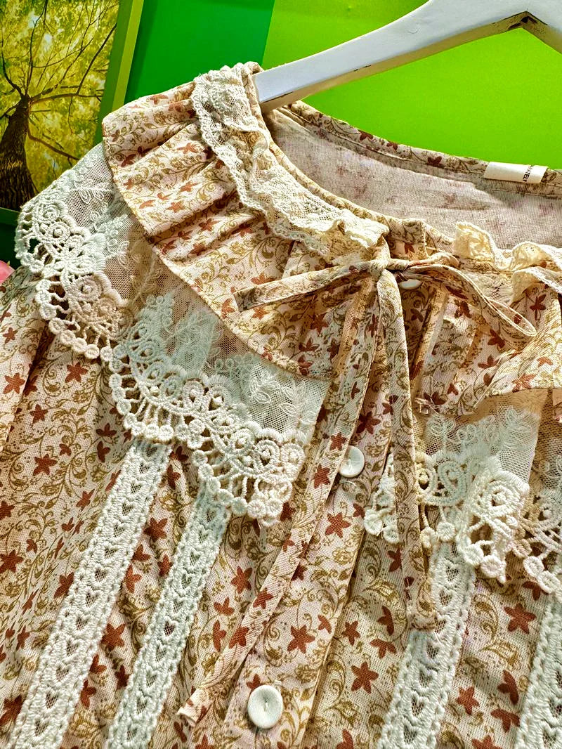 Autumn Cotton Sweet Parisian Cute Ruffled Lace Shirt Women Shabby Chic Vintage Mori Girl Lolita Casual Cottagecore Korean Blouse