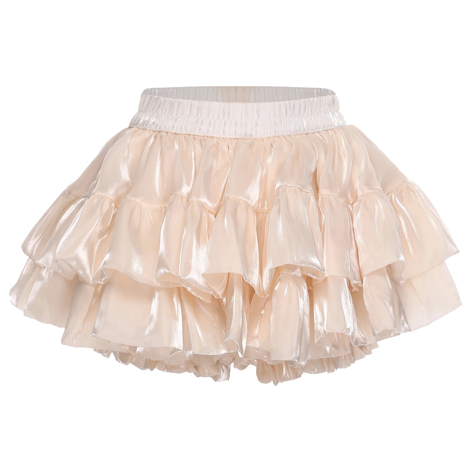 Women Lolita Pumpkin Shorts Puff Y2K Skirt Iridescent Tiered Culottes Elastic Waistband Ruffled Hem Built-in Skirt Anime Costume