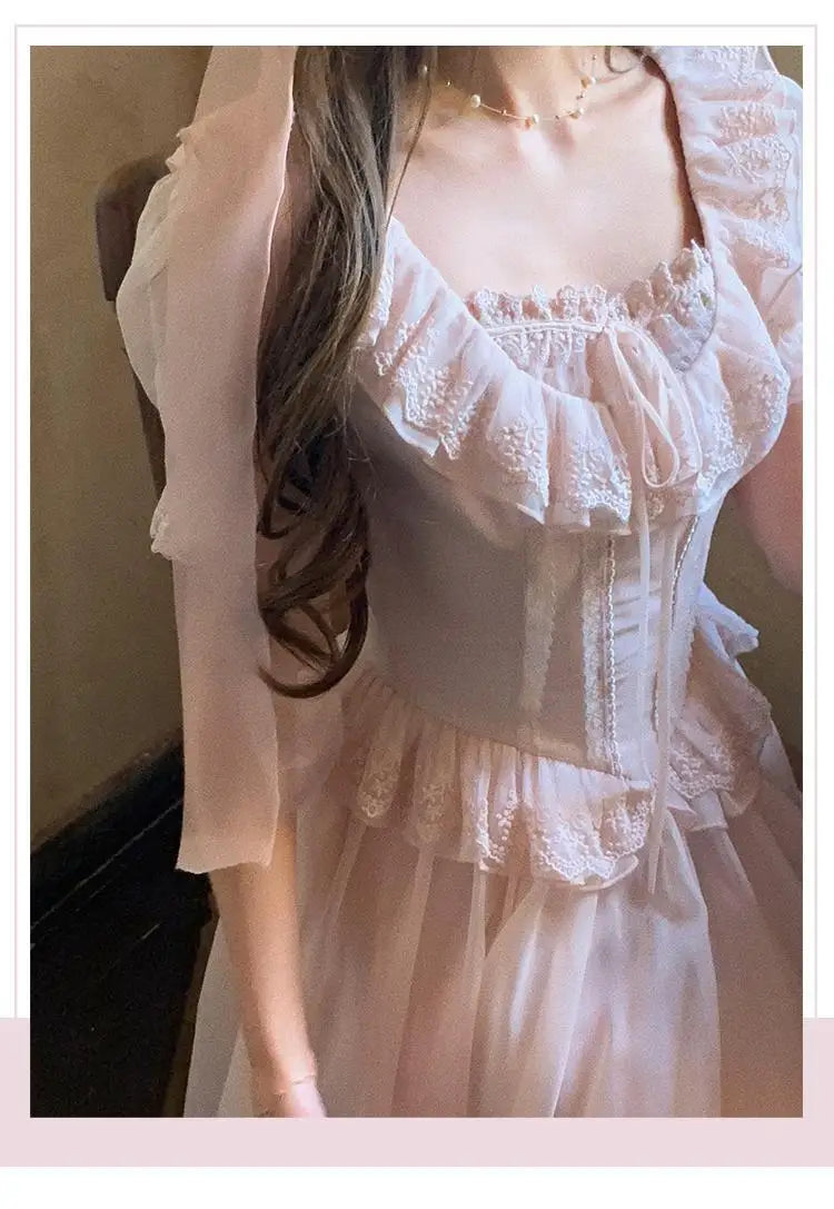 Timeless Signature Parisian Blush Pink Lace Dress French Couture Puff Sleeve Sweet Elegant Max