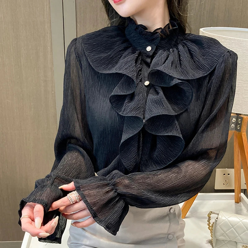 The Versailles Ruffled Chiffon Blouse | Stand Collar Lace Puff Sleeve | French Vintage Shirt | Parisian Princess