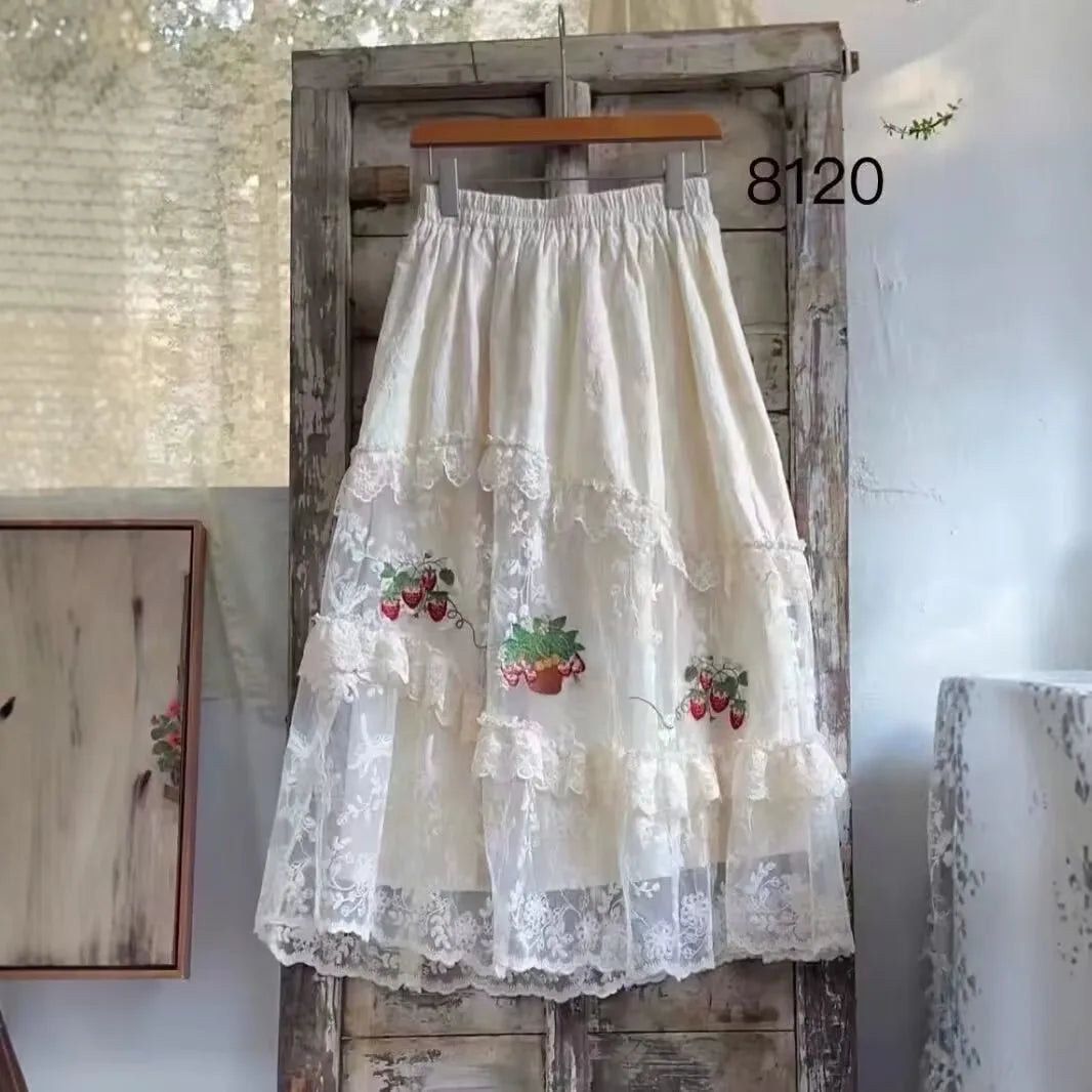 Sweet Lace Fraises Embroidery Long Skirt | French Vintage Ruffled High Waist Pleated Skirt | Parisian Ruffles Palace | Parisian Princess