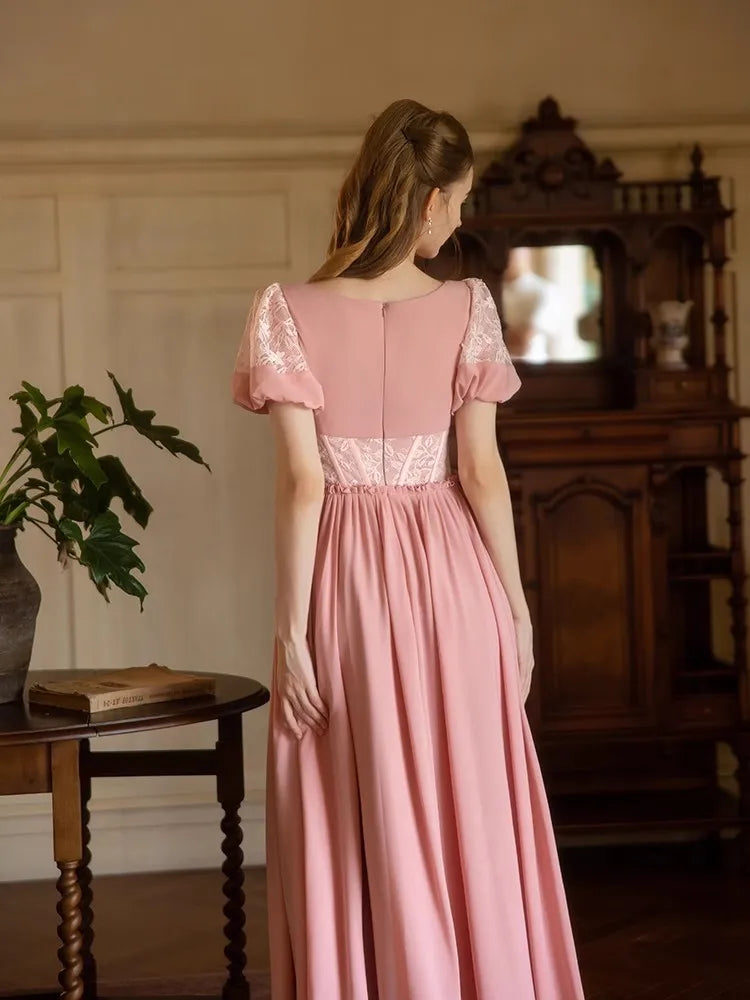 84-94cm Bust Summer Pink Maxi Dresses For Women Vintage Elegant Slim Square Neck Lace Short Sleeve Holiday Fishbone Long Dress