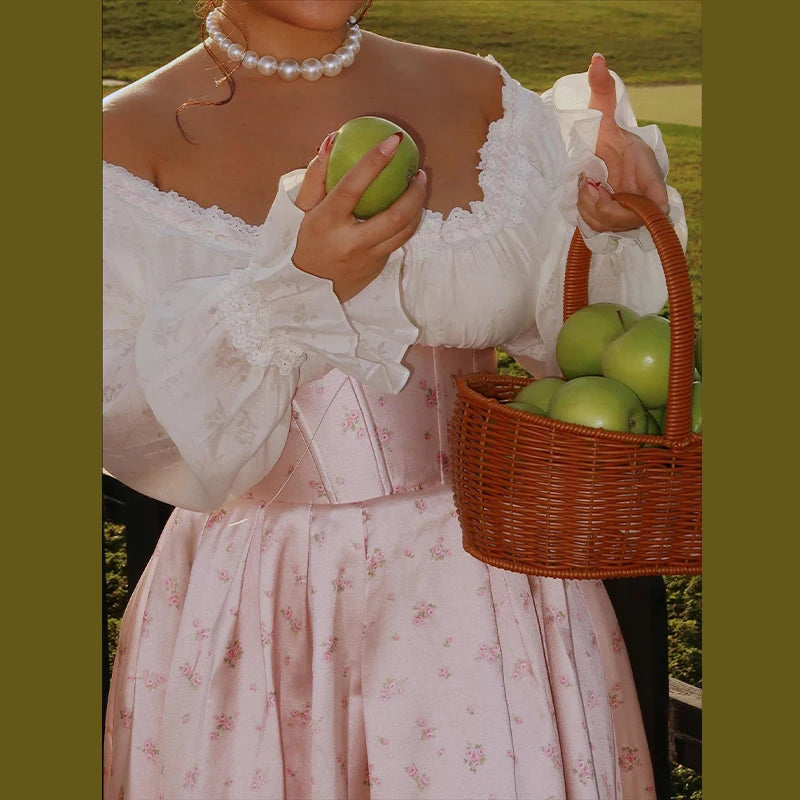 Elegant Sweet Pink Floral Print Princess Dress Off-shoulder Long Sleeve Ankle Length Prom Gown 2025 NEW Patchwork Fishbone Dress