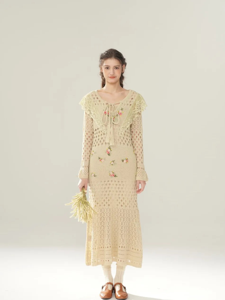 The Versailles Rose Knitted Fishtail | Hand-Embroidered Silk Blend Dress | French V-Neck Gown | Parisian Princess