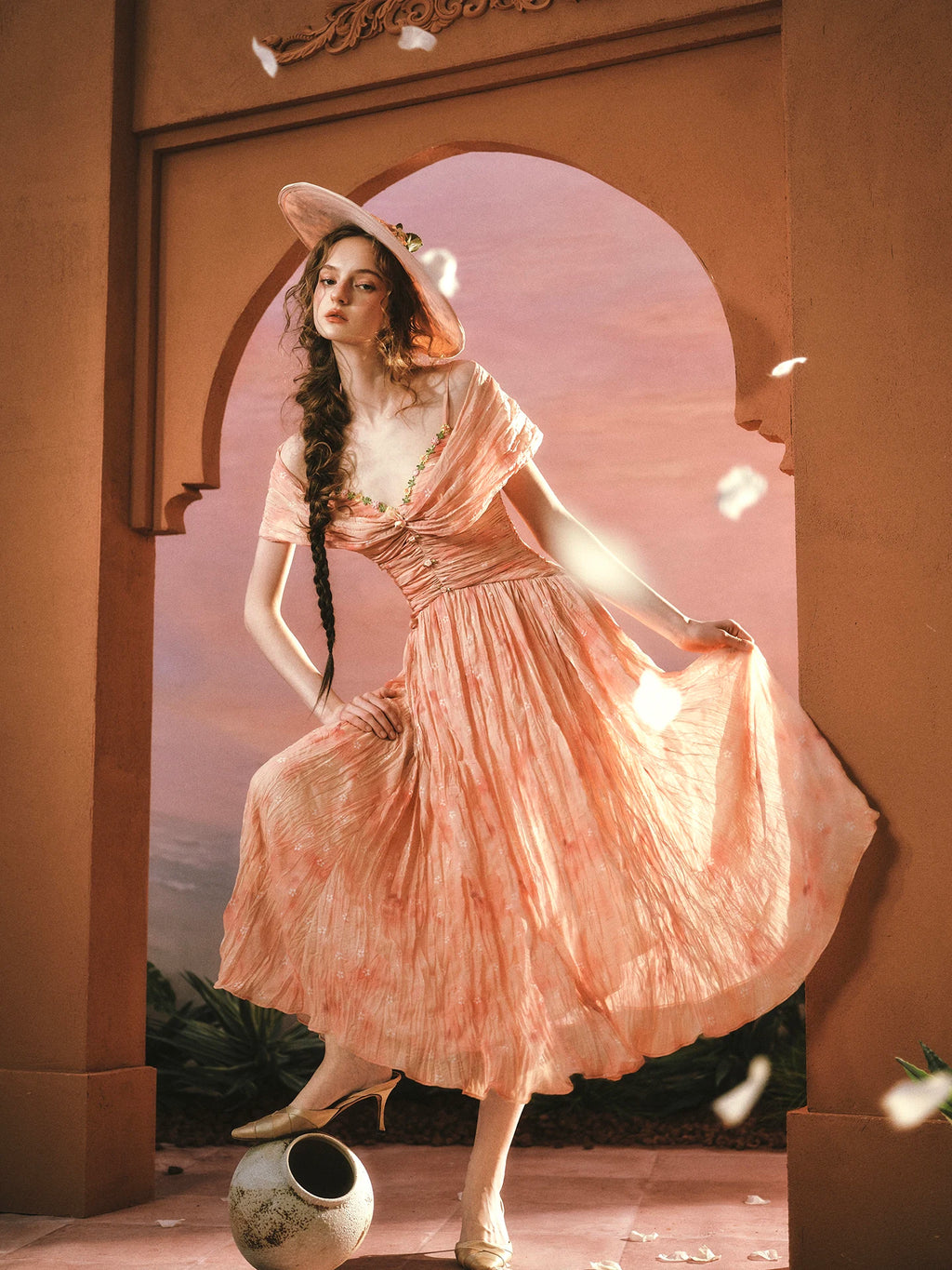The Caprician Sunset Oil Painting Gown | Coral Shimmer Fairy Skirt | 3/4 Sleeve A-Line Dress | Parisian Princess