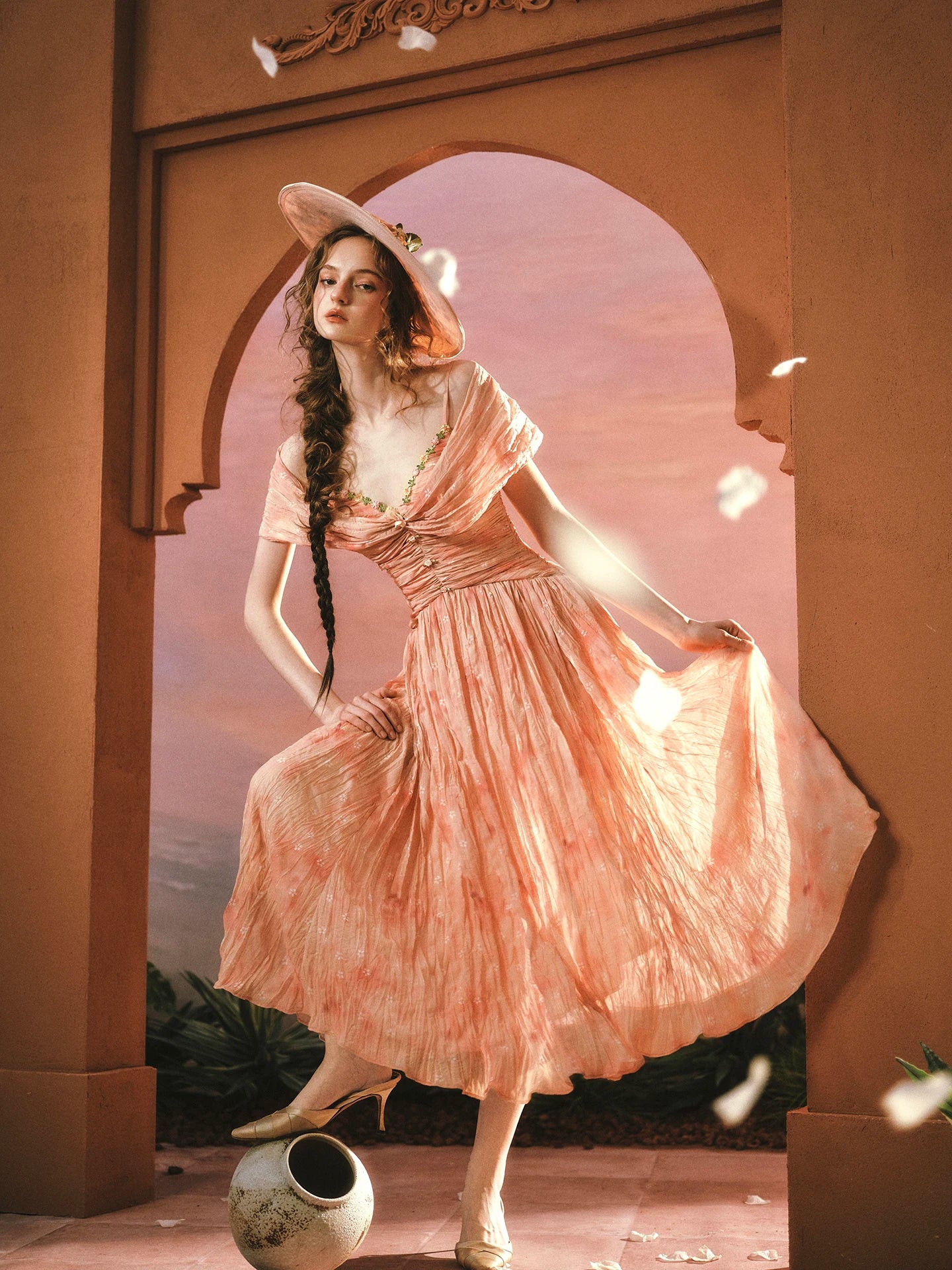 The Caprician Sunset Oil Painting Gown | Coral Shimmer Fairy Skirt | 3/4 Sleeve A-Line Dress | Parisian Princess
