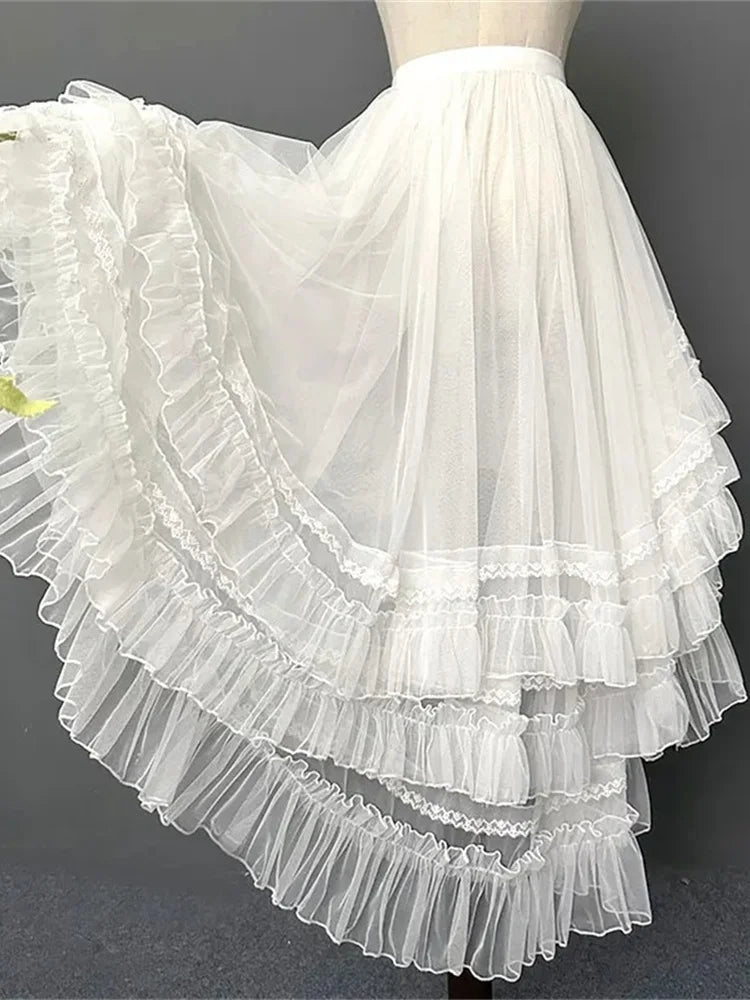 Gothic Lolita Lace Layer French Princess Skirt for Women High Waist Parisian Lolita Cute Mesh Ruffles Evening Skirt