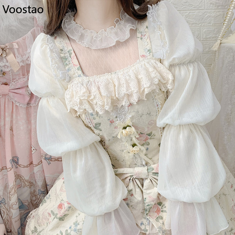 Elegant Vintage Lolita Blouses Women Sweet Cute Hollow Out Mesh Lace Ruffles Princess Shirts Female Gothic Loose Blouse Tops
