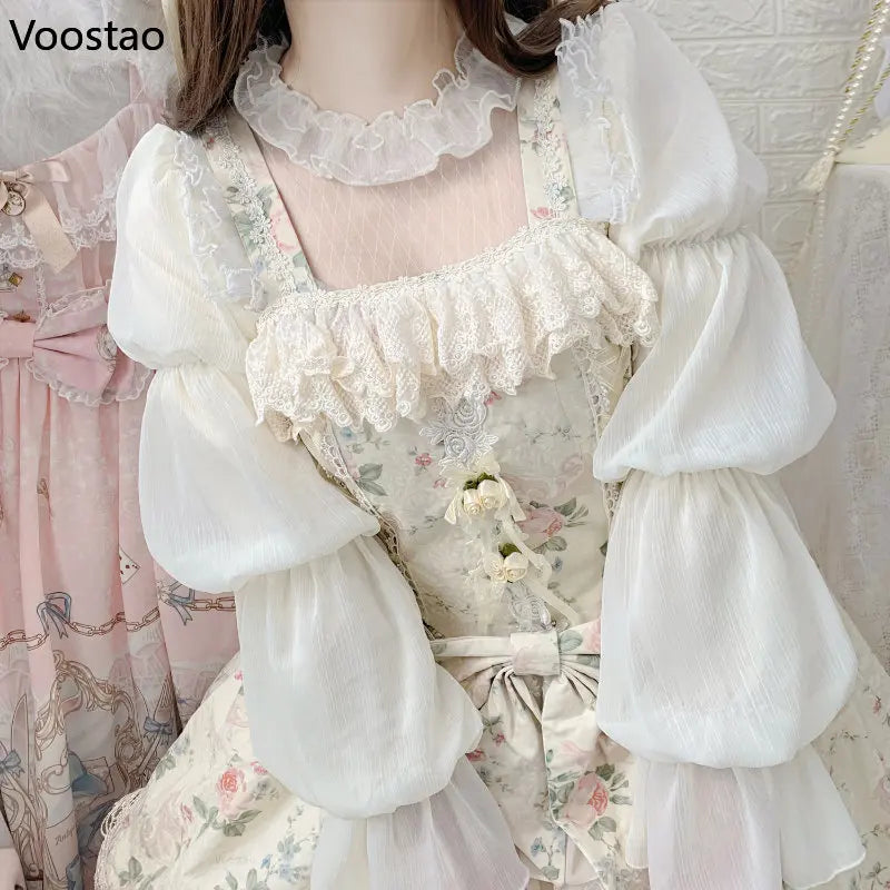 Elegant Vintage Lolita Blouses Women Sweet Cute Hollow Out Mesh Lace Ruffles Princess Shirts Female Gothic Loose Blouse Tops