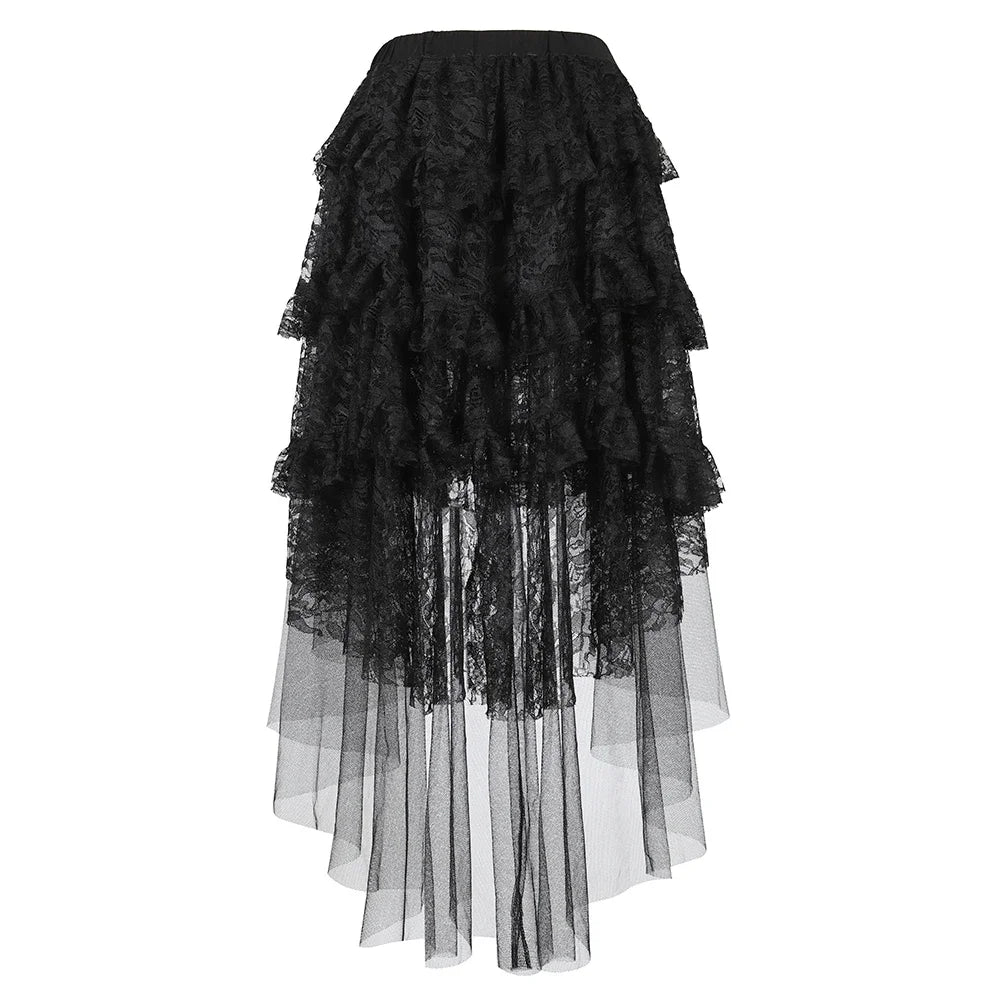The Midnight Waltz High-Low Gown: A Parisian Noir Masterpiece | Layered Lace & Tulle Asymmetrical Skirt (XS-6XL) | Parisian Princess