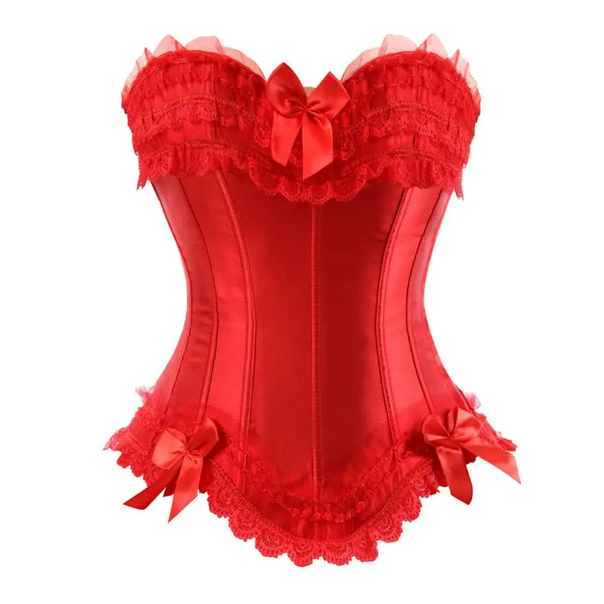Sexy Lace Overbust Corset Top Women Vintage Satin Bow Bustier Lingerie With Zipper Plus Size Body Shaper Burlesque Corsets