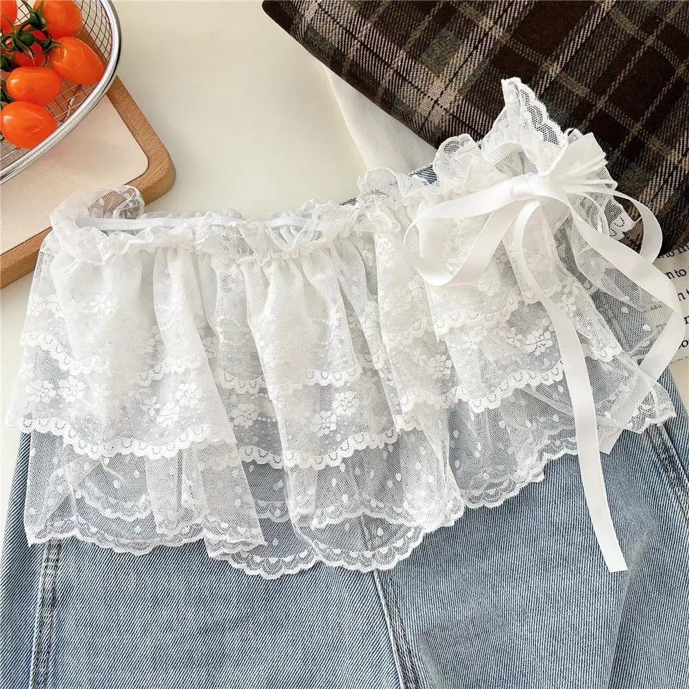 Lace Mini Skirts Women Elegant Sweet Lolita Short Skirts High Waist Ruffle Skirts Lace Trim Butt Curtain Skirt