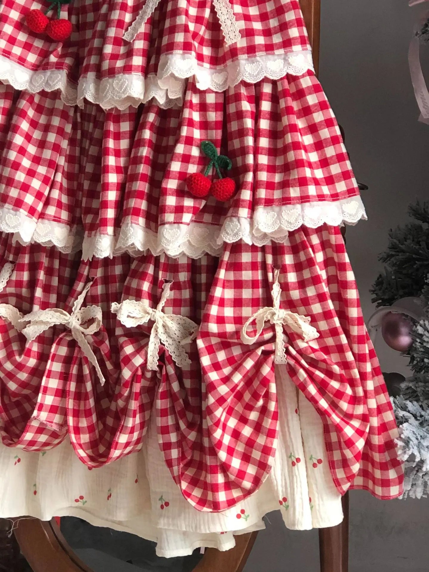 Sweet Multi-Layered Ruffle Cake Skirt Women's Parisian Cottagecore Cherry Design Lace Half Skirt Fresh And Cute Style Midi Skirt