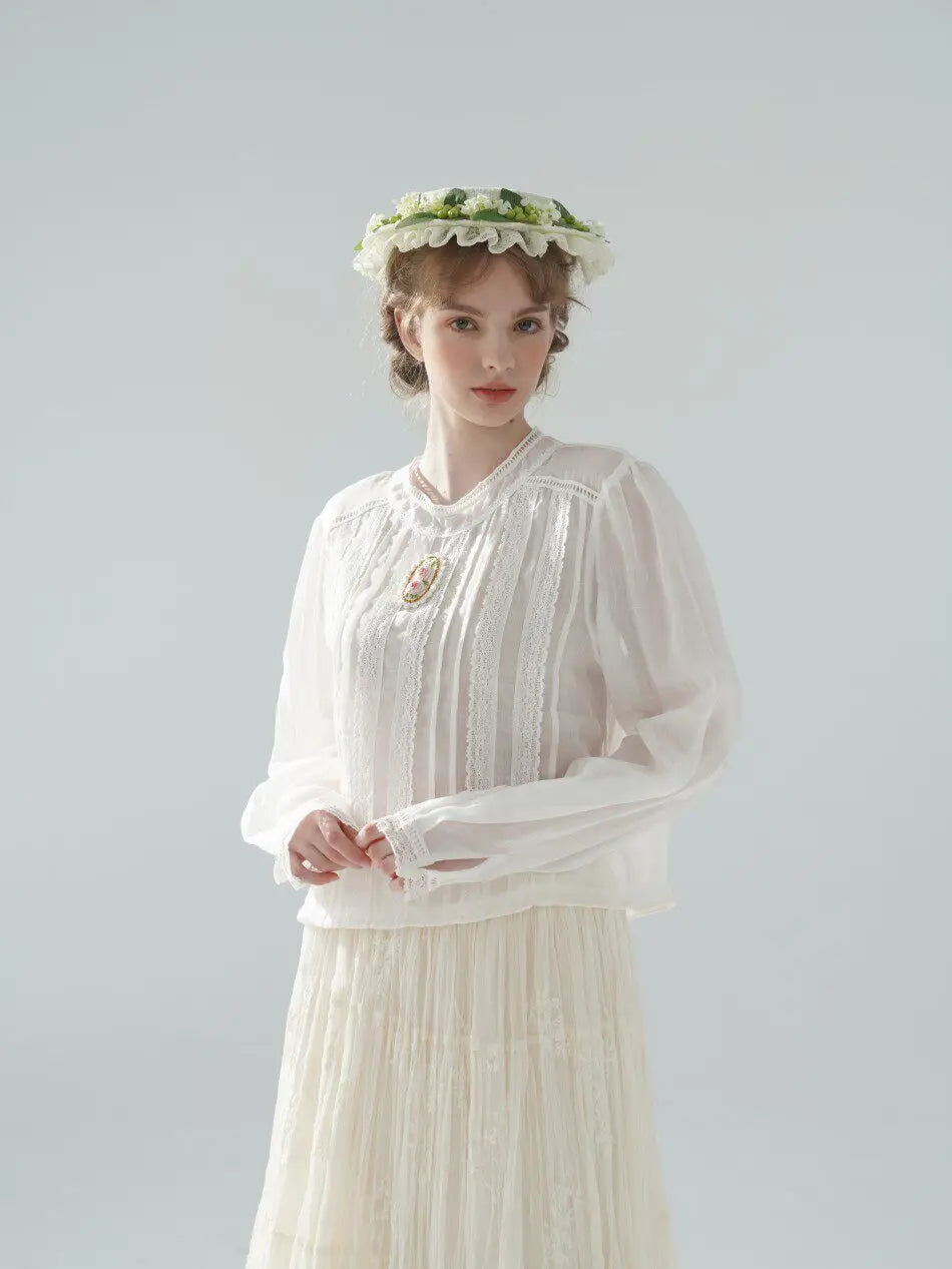 The Palais Rose Ramie Blouse | 100% Ramie Thin White Blouse | French Vintage Handmade 3D Rose Embroidered O-Neck Loose Top | Parisian Princess