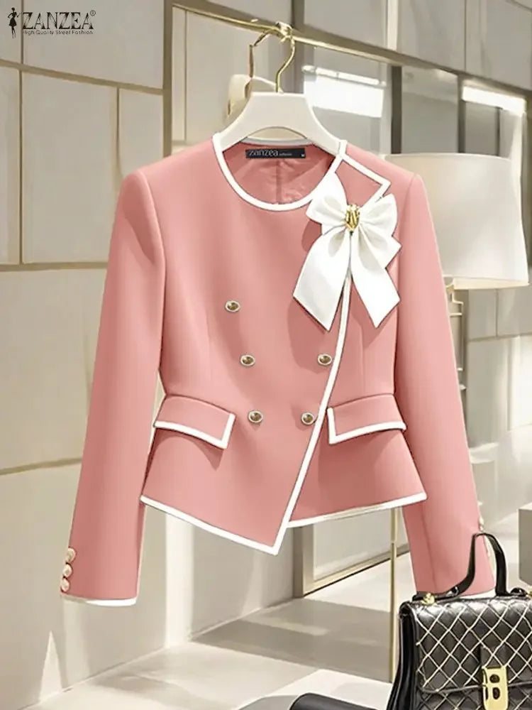 Parisian Elegant Blazer Double Breasted Long Sleeve Coats Women Fashion Bow Office Outerwear 2025 Casual Street Jackerts