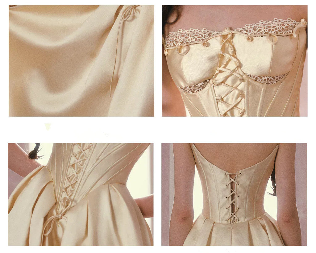 The Lemondrop Love Belle Gown | French Chic Elegant Slim Lace Corset Dress | Strapless Empire Waist Satin Maxi | Parisian Princess