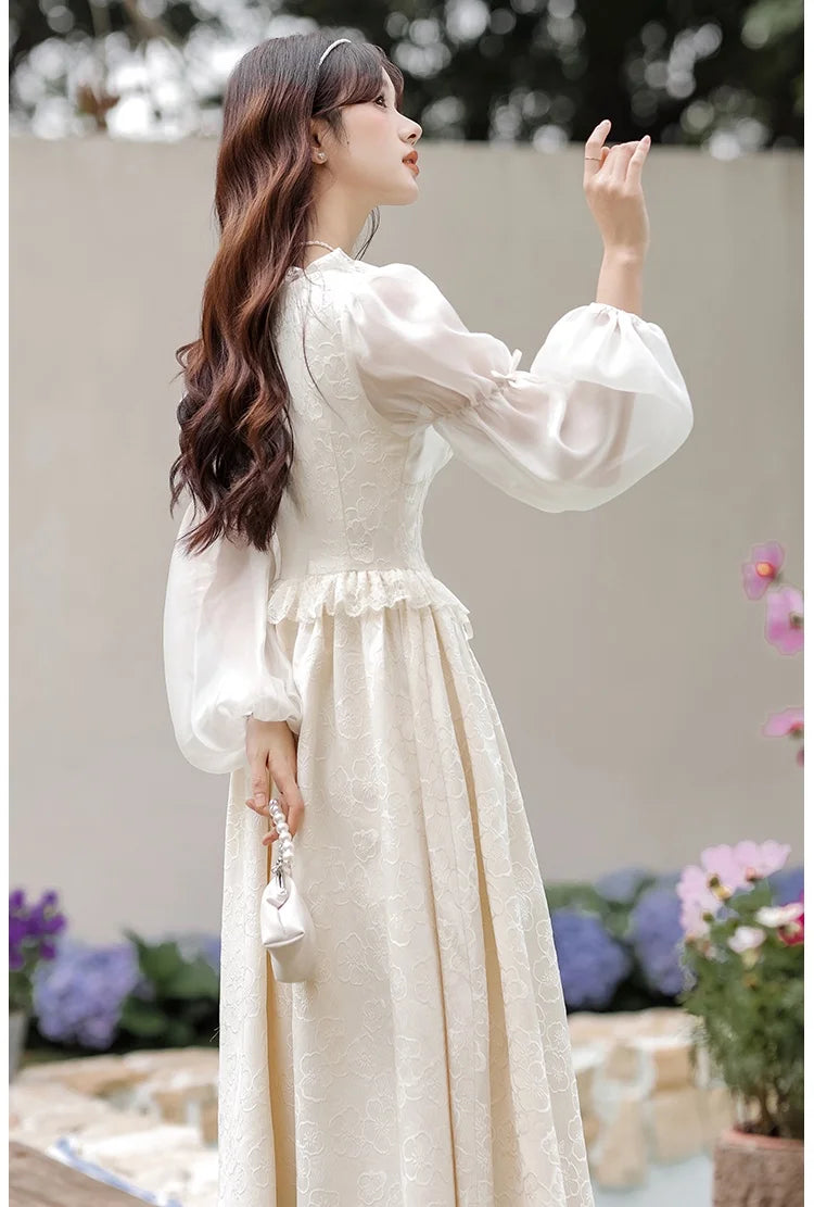 Romantic Lady Fairycore Dresses Vintage Victorian Style Lace Jacquard Lantern Sleeve Lolita Princess Dresses Vestido Festa