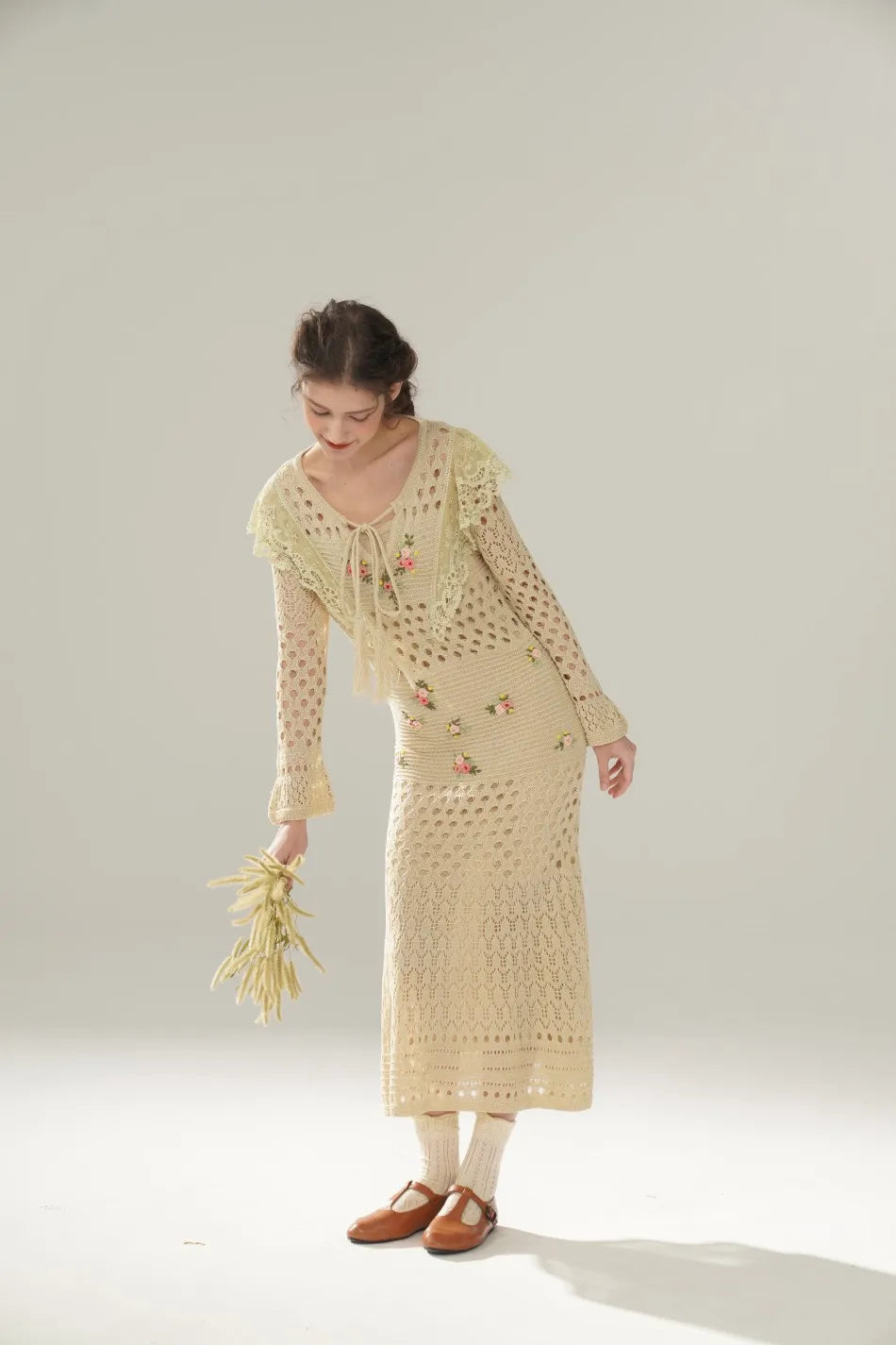 The Versailles Rose Knitted Fishtail | Hand-Embroidered Silk Blend Dress | French V-Neck Gown | Parisian Princess