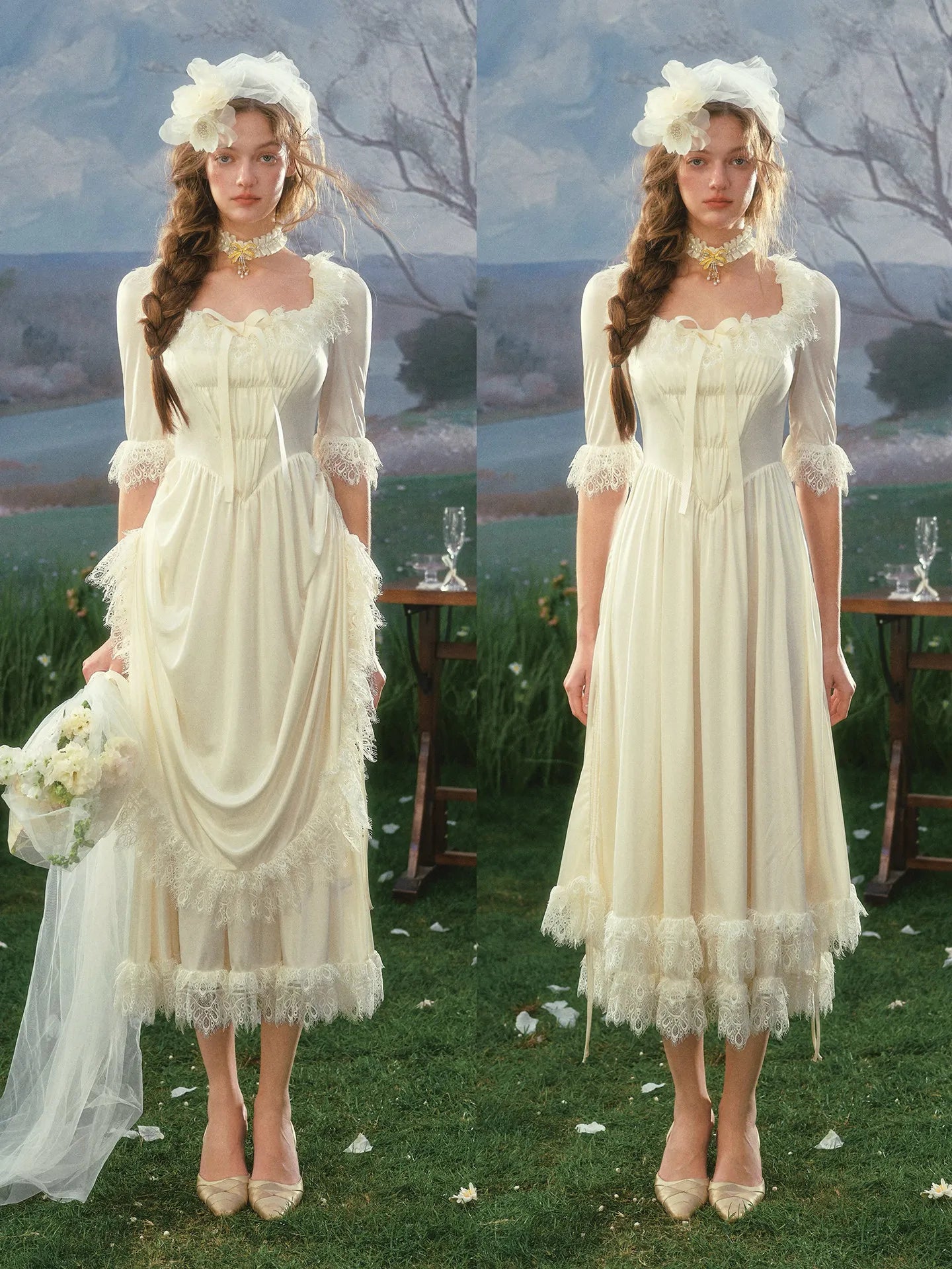 The Swan Regina Gown | French Vintage Court Satin Dress | Elegant Square Neck Wedding Maxi | Parisian Princess