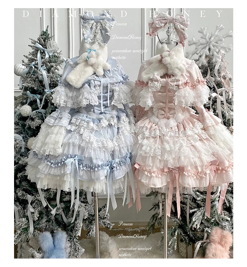 Pink Lolita Princess Dress Women's Bow Lace Heavy Industry Sweet Elegant Birthday Party Evening Dress Lady Suspender Dress Cloak