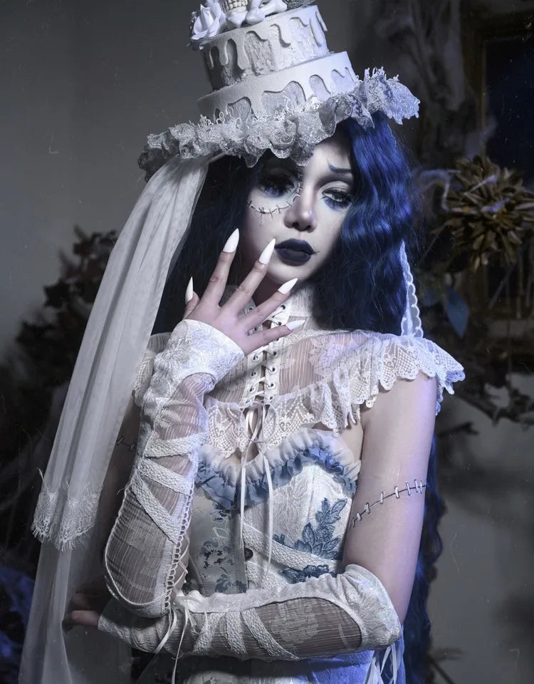 The Gothica White Gothic Dress | Zombie Bride Spine Lace Gown | Chiffon Tailed Party Dress with Cape | Parisian Princess
