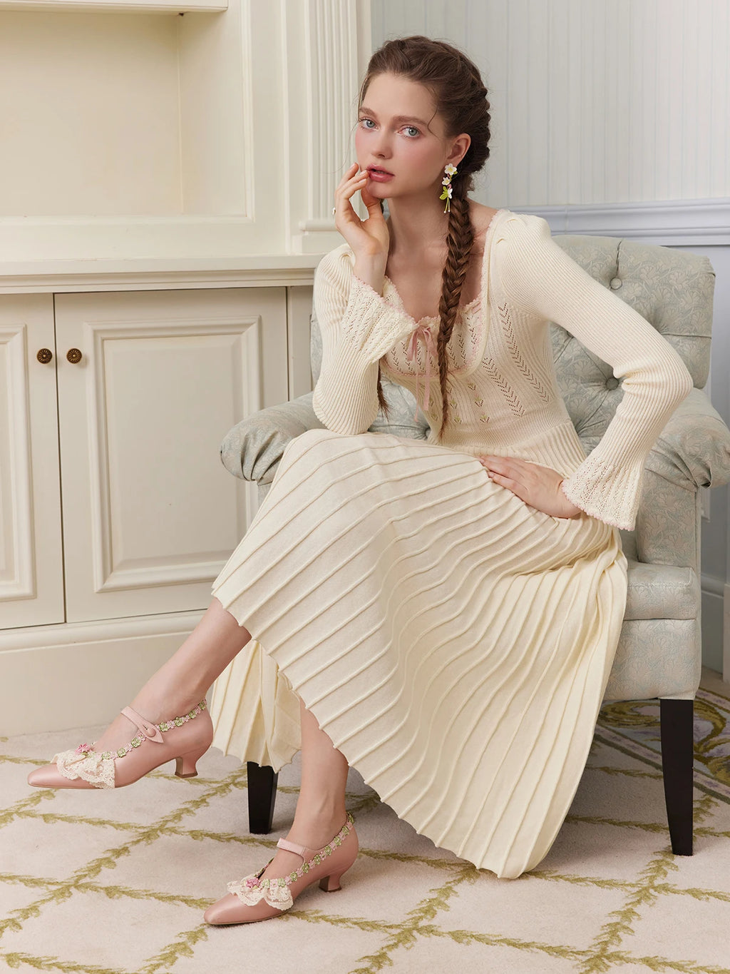 76-88cmBust FallWinter Long Pleated Dress Women Vintage ElegantSlim Embroidery Square Neck Flare Sleeve 100%Cotton Knitted Dress