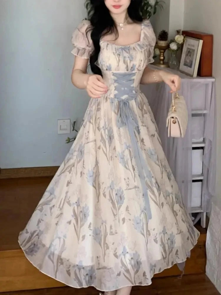 The Trianon Fairy Midi | Parisian Lace Puff Sleeve Princess Gown | Summer Fairycore A-Line Party Dress | Parisian Princess