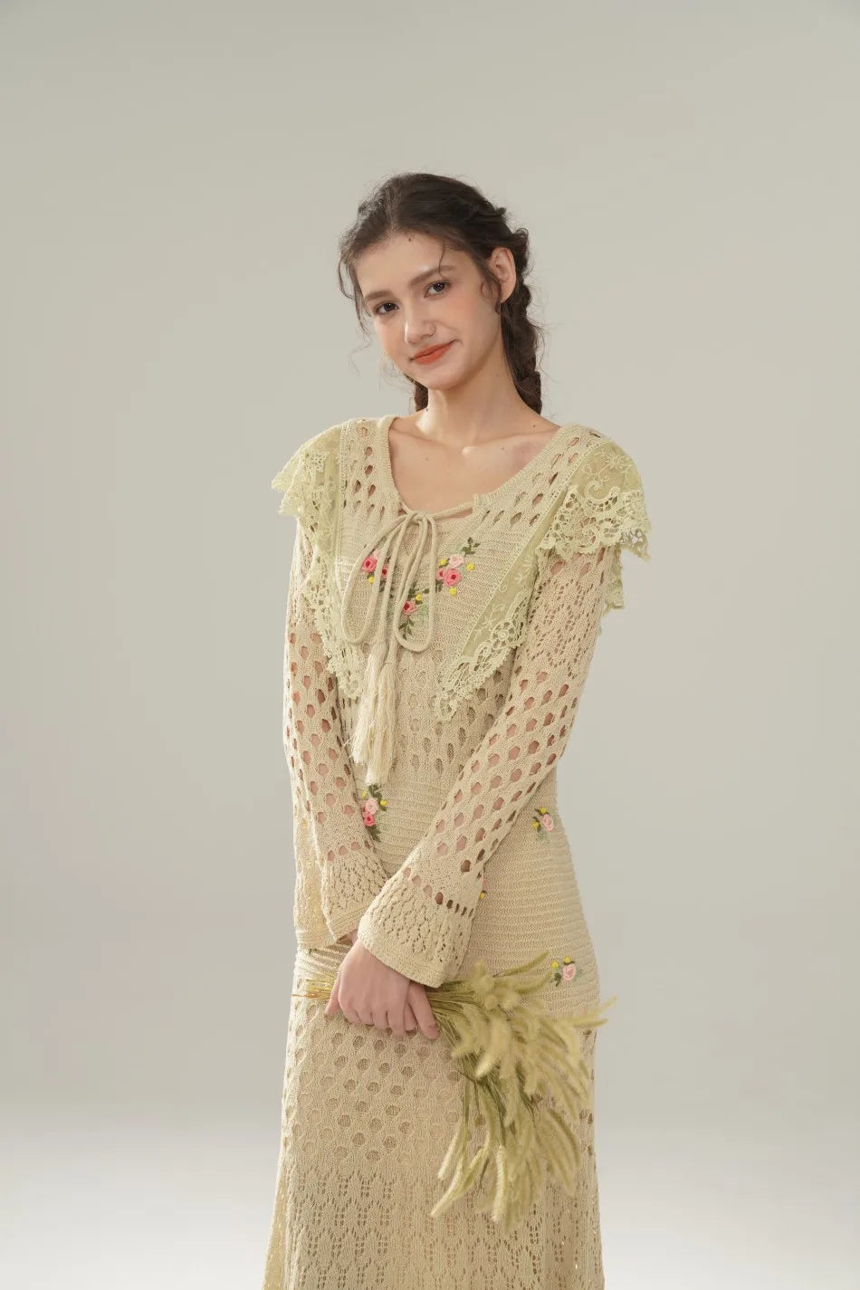 The Versailles Rose Knitted Fishtail | Hand-Embroidered Silk Blend Dress | French V-Neck Gown | Parisian Princess