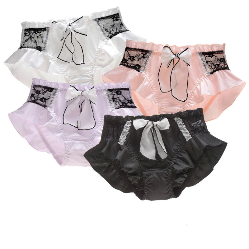 The Macaron Milk Silk Briefs | Lolita Lace Ruffle Panties | Sweet Bow Ribbon Intimates | Parisian Princess