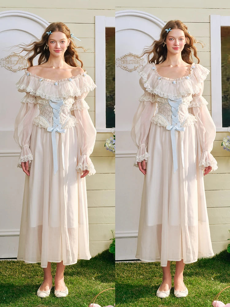 French Countryside Dress Full Lantern Sleeve Long Maxi Ladies XS-XL Vintage High Waist Lace Slash Neck White Lace Up 2025