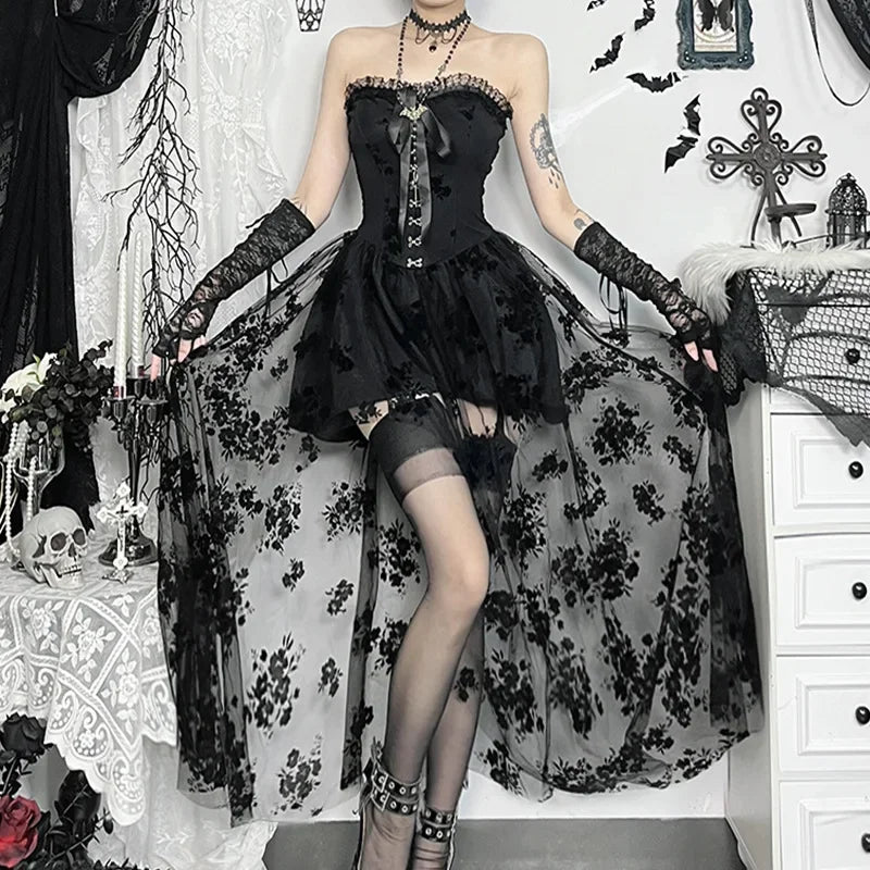 Gothic Corset Dress Elegant Sheer Slim Fit Dark Bride Tulle Strapless  Dress