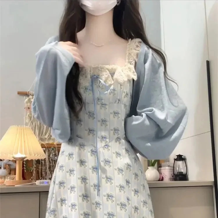 Parisian College Style Floral Print Strapless Dress Blue Sweater Cardigan Two-Piece Set Women's Fashion Casual Outfit Ensemble