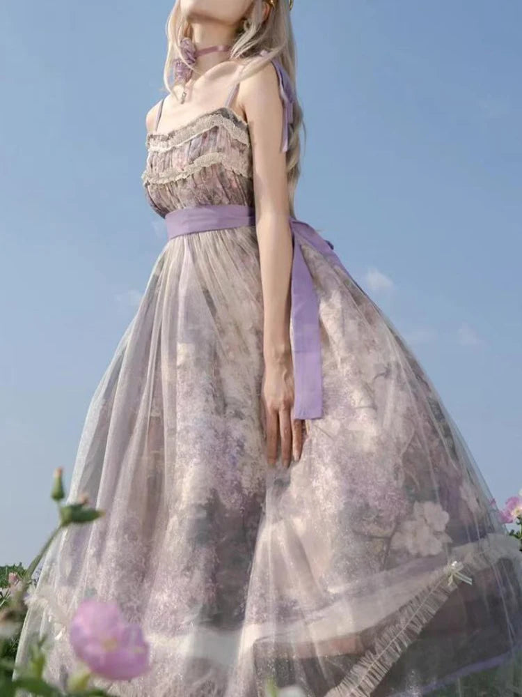 The Lavender Fields Oil Painting Bow Gown: A Parisian Masterpiece | Original Art Print Dress | Parisian Princess